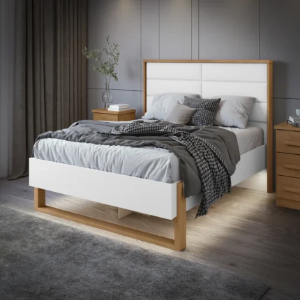 Cama Casal Freetown Lopas com Led - AMENDOA CLEAN/BRANCO