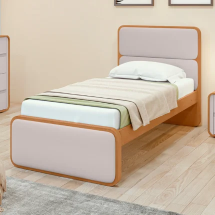 Cama de Solteiro com Cabeceira Estofada MDP MDF Lopas Loop - Amendoa Clean/Bege