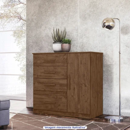 Cômoda 1 Porta Bater 4 Gavetas com Corrediças Metálicas Vênus Moval - Castanho
