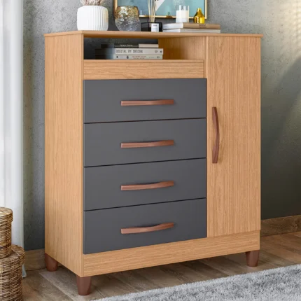 Cômoda 1 Porta Bater 4 Gavetas Turquesa Albatroz - Freijo/Titanium