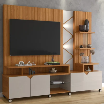 Estante Home para TV até 55" com LED Cross Lukaliam Rodízios Cromados - Jequitibá/Off White Perolizado