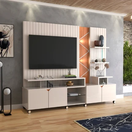 Estante Home para TV até 55" com LED Cross Lukaliam Rodízios Cromados - Off White Perolizado/ Jequitibá