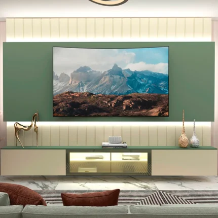 Estante Home para TV até 85" 3 Portas Soberano Gelius - Off White/Verde Floresta