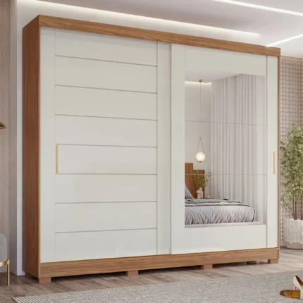 Guarda-Roupa Casal 2 Portas Correr 8 Gavetas MDF Espelho Florença Panan - Cinamomo/ Off white