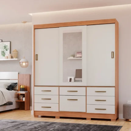 Guarda-Roupa Casal 3 Portas Correr 7 Gavetas Luiza Panan Roupeiro - Cinamomo/ Off white