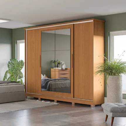 Guarda-Roupa Casal 4 Portas de Correr 4 Gavetas Espelho Ambar Flex Kappesberg - Canela/Macadamia